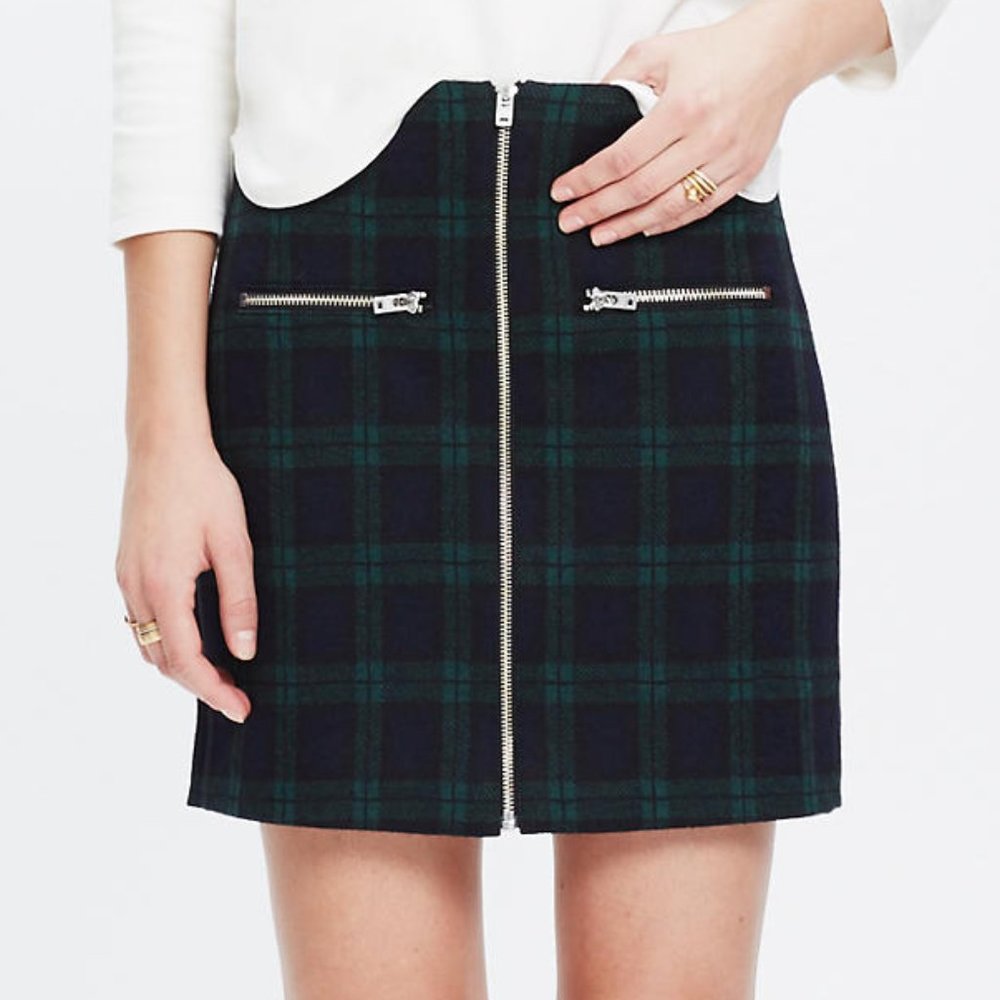 Madewell Zip Skirt in Navy/Green Dark Plaid (4)
